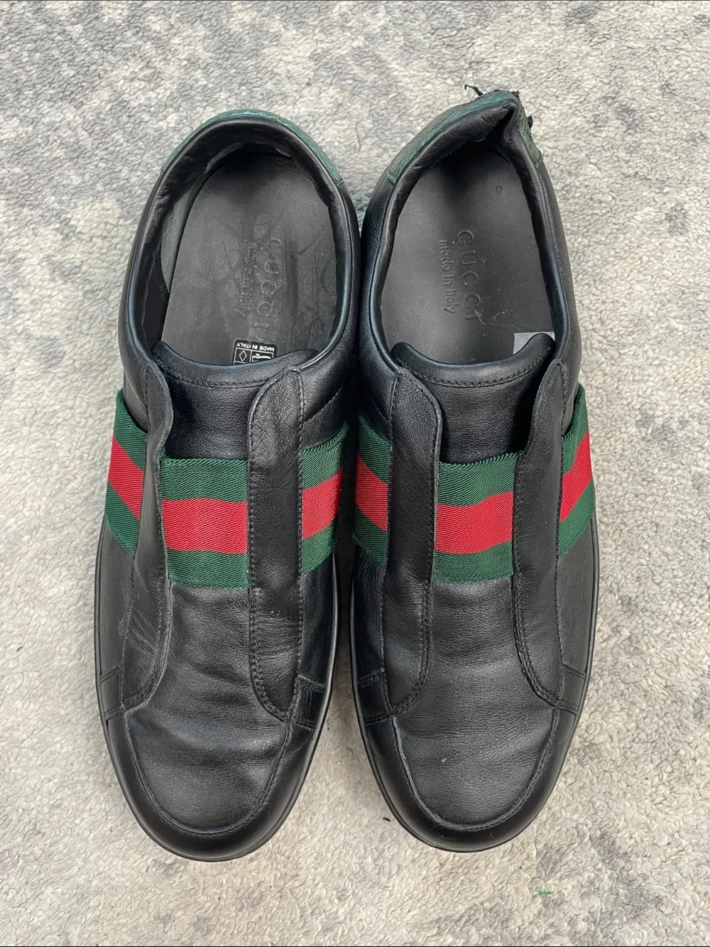 Gucci Miro Soft Web Ace Leather Slip On Sneakers Black Mens Sz 10